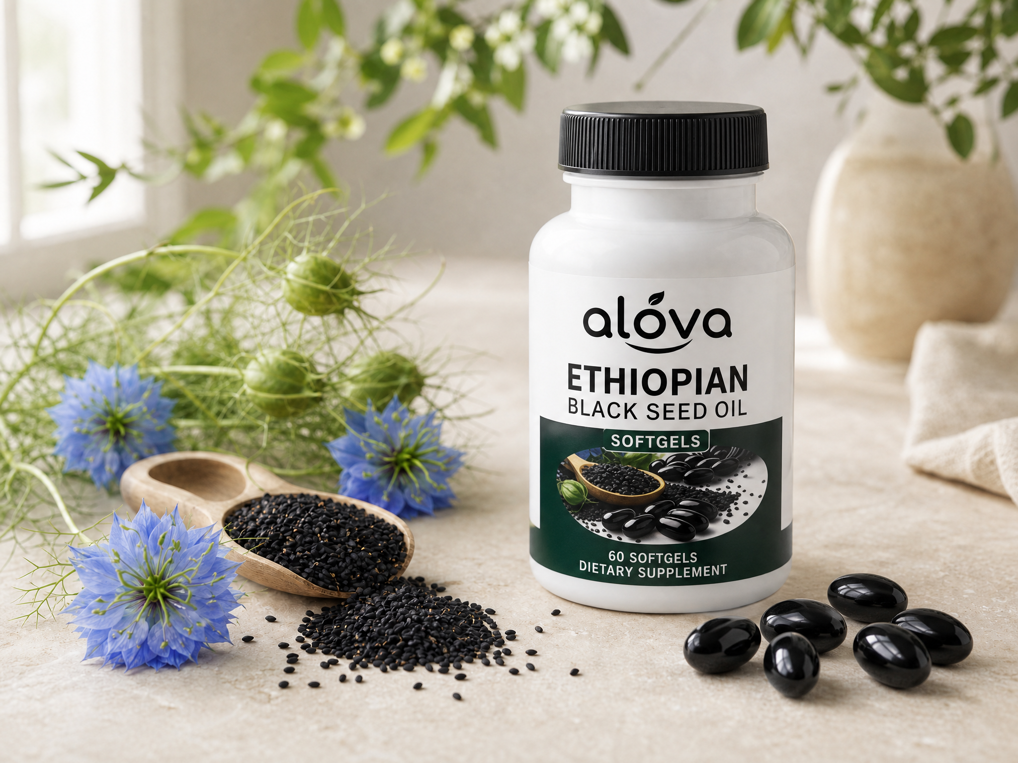 Alova Ethiopian Black Seed Oil Softgels with black seeds and Nigella sativa flowers