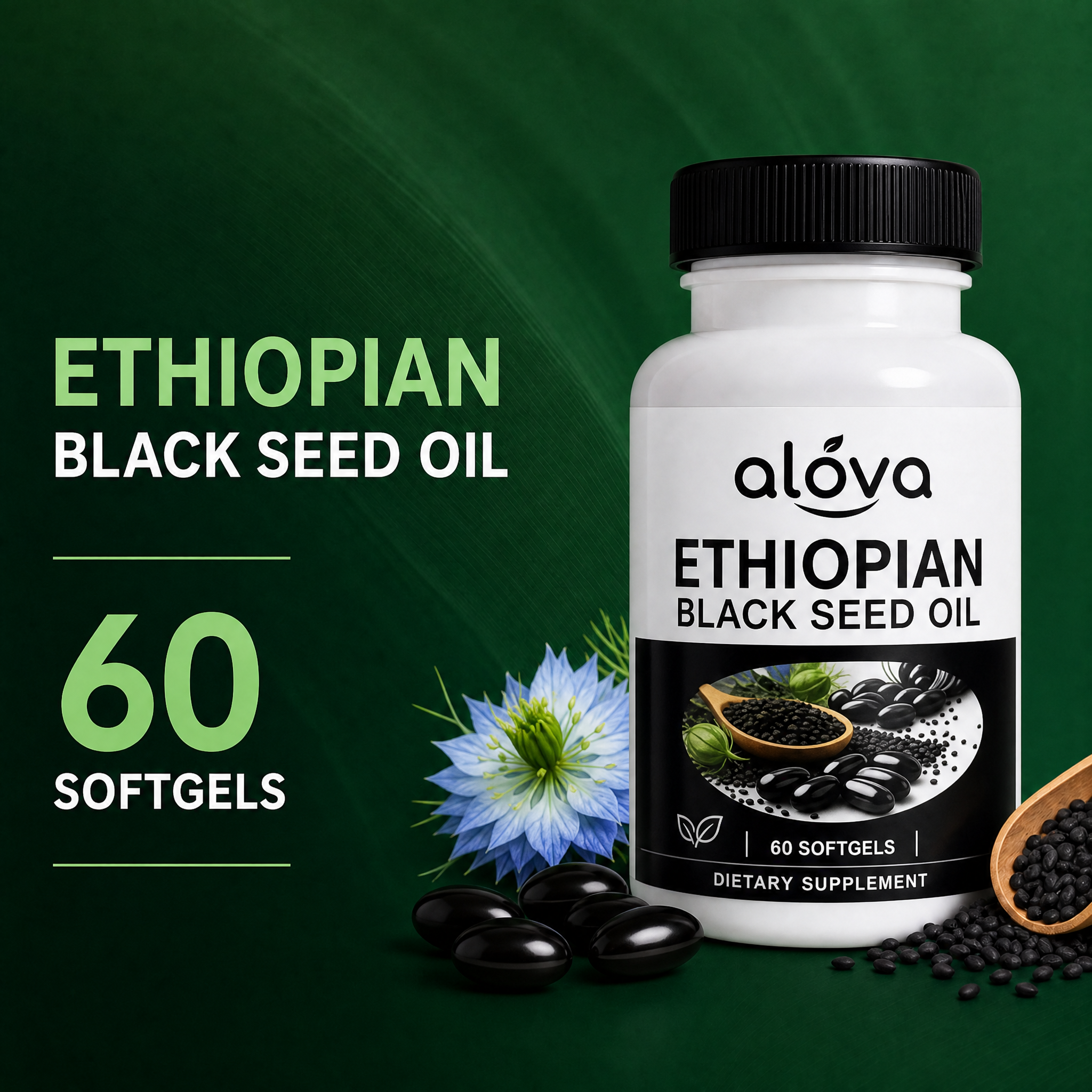 Alova Ethiopian Black Seed Oil Softgels package facts
