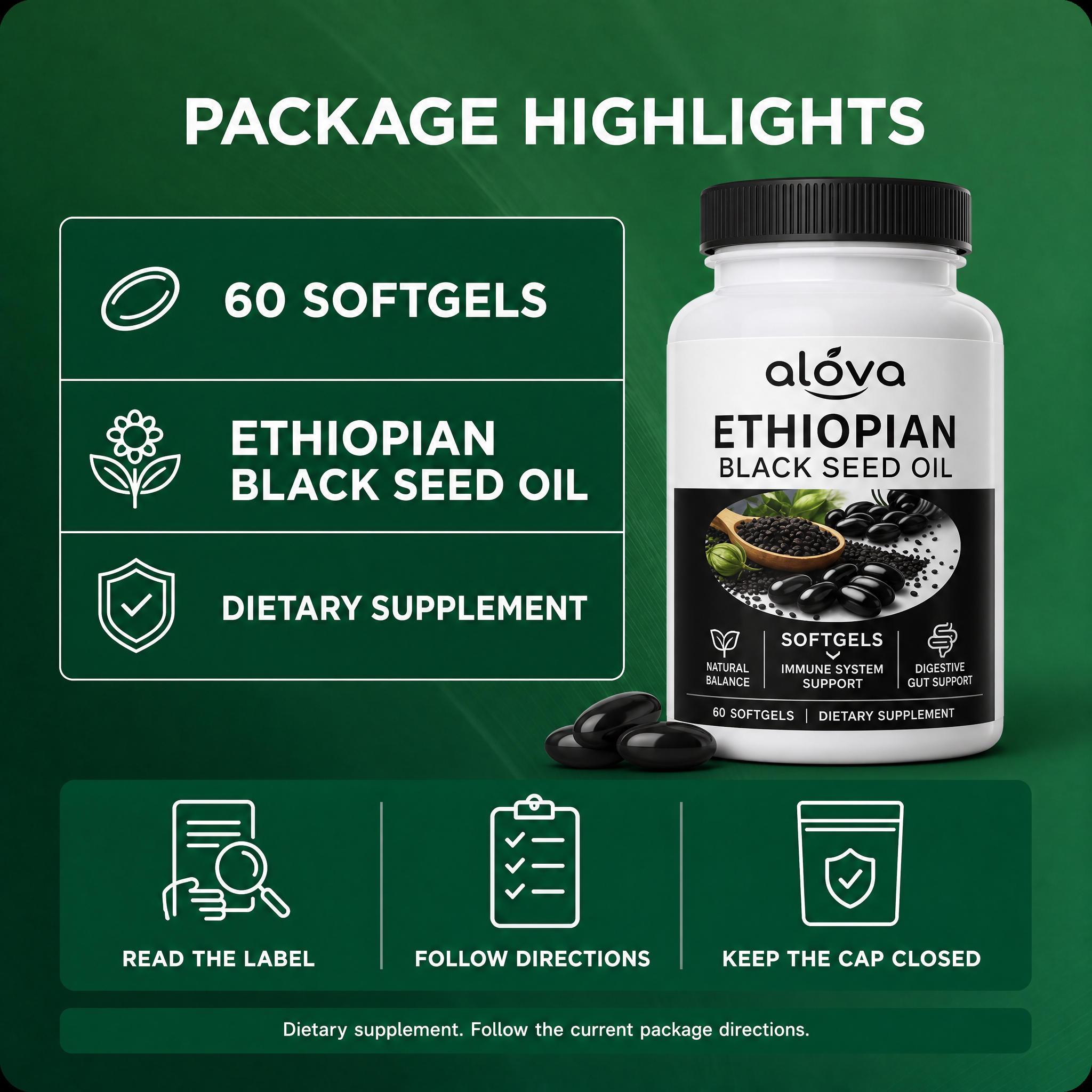 Alova Ethiopian Black Seed Oil Softgels package highlights