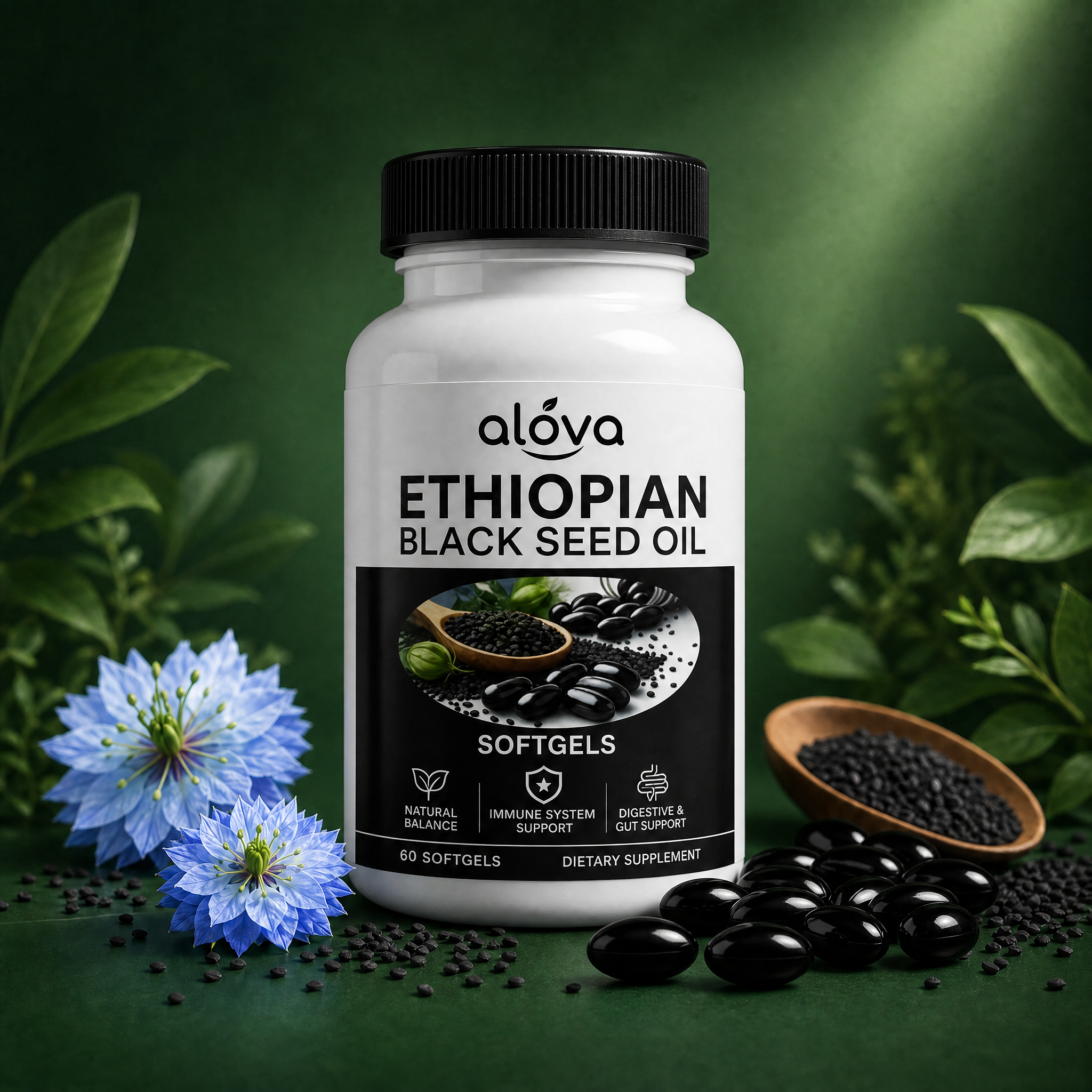 Alova Ethiopian Black Seed Oil Softgels with black seeds and Nigella sativa flowers